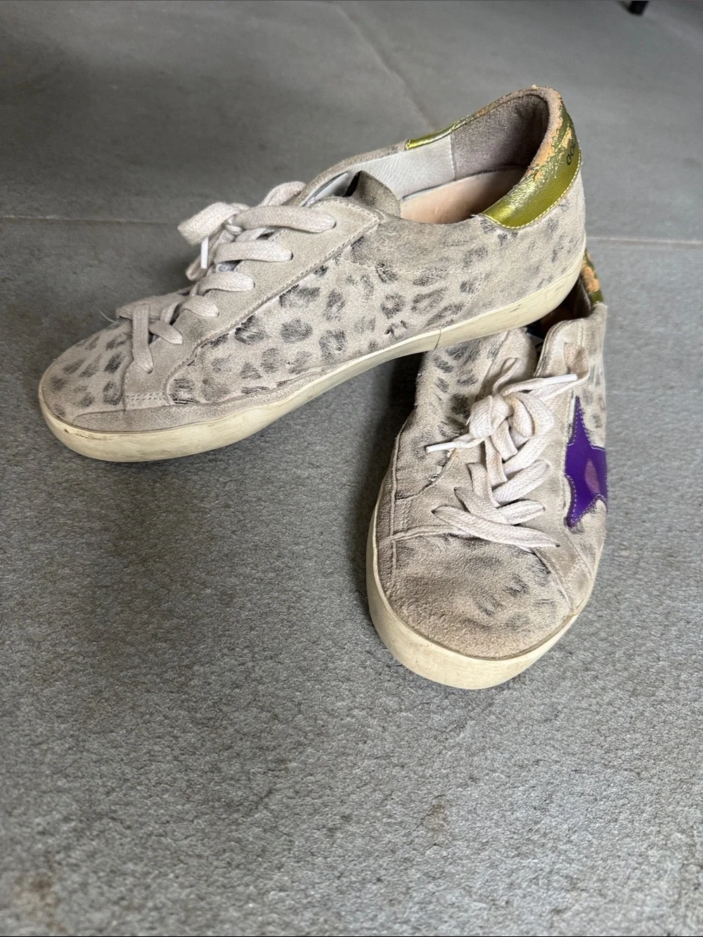 Golden Goose Leopard Suede Sneakers with Purple Star and Gold Heel